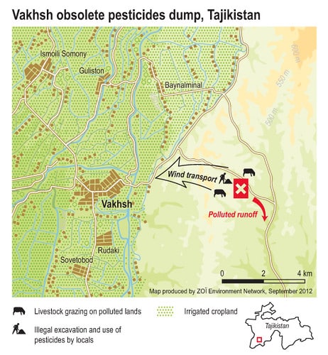 Flickr Une carte montrant des problèmes liés à la présence d'un déversement de pesticides obsolètes près de Vakhsh (Tadjikistan).