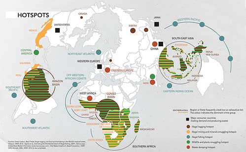 Flickr Une carte du monde affichant des points chauds du crime environnemental.