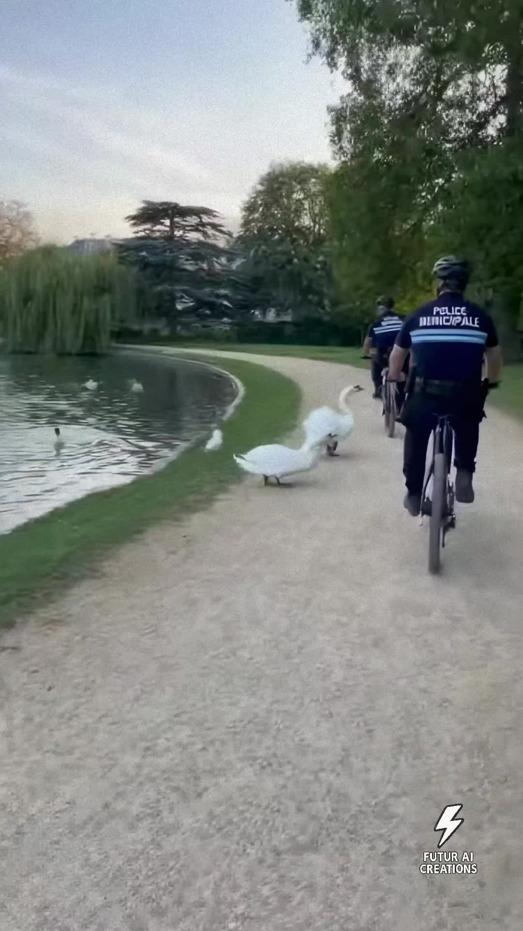 , police municipale,Deux policiers municipaux patrouillent tranquillement à vélo autour d’un étang sur Tiktok